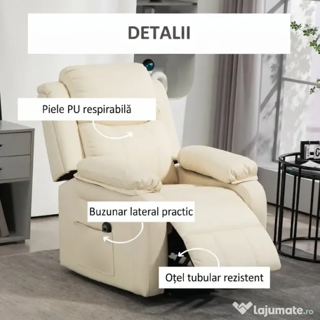 HOMCOM Fotoliu Rabatabil până la 160°, 76x90x105 cm, Alb Crem | Aosom Romania