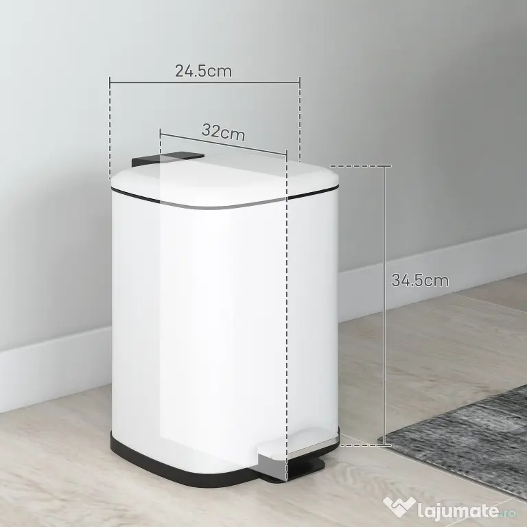 HOMCOM Coș de Gunoi de 12L cu Pedală, Închidere Silențioasă, din Metal și Plastic PP, 24,5x32x34,5 cm, Alb | Aosom Romania