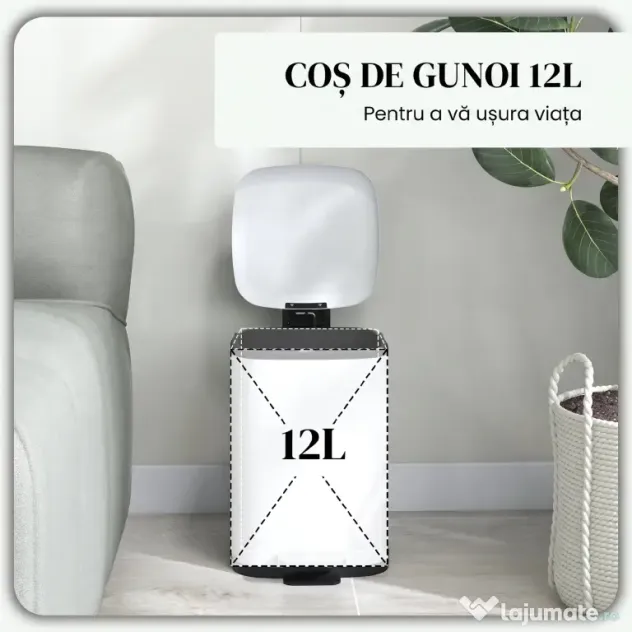 HOMCOM Coș de Gunoi de 12L cu Pedală, Închidere Silențioasă, din Metal și Plastic PP, 24,5x32x34,5 cm, Alb | Aosom Romania
