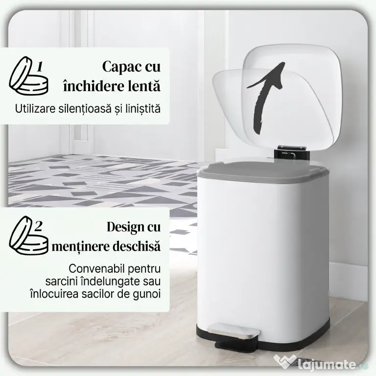 HOMCOM Coș de Gunoi de 12L cu Pedală, Închidere Silențioasă, din Metal și Plastic PP, 24,5x32x34,5 cm, Alb | Aosom Romania