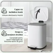 HOMCOM Coș de Gunoi de 12L cu Pedală, Închidere Silențioasă, din Metal și Plastic PP, 24,5x32x34,5 cm, Alb | Aosom Romania