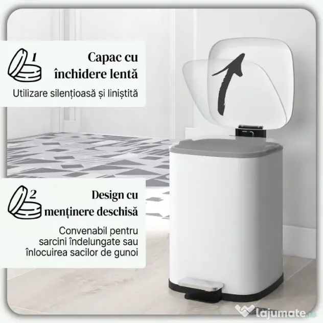 HOMCOM Coș de Gunoi de 12L cu Pedală, Închidere Silențioasă, din Metal și Plastic PP, 24,5x32x34,5 cm, Alb | Aosom Romania