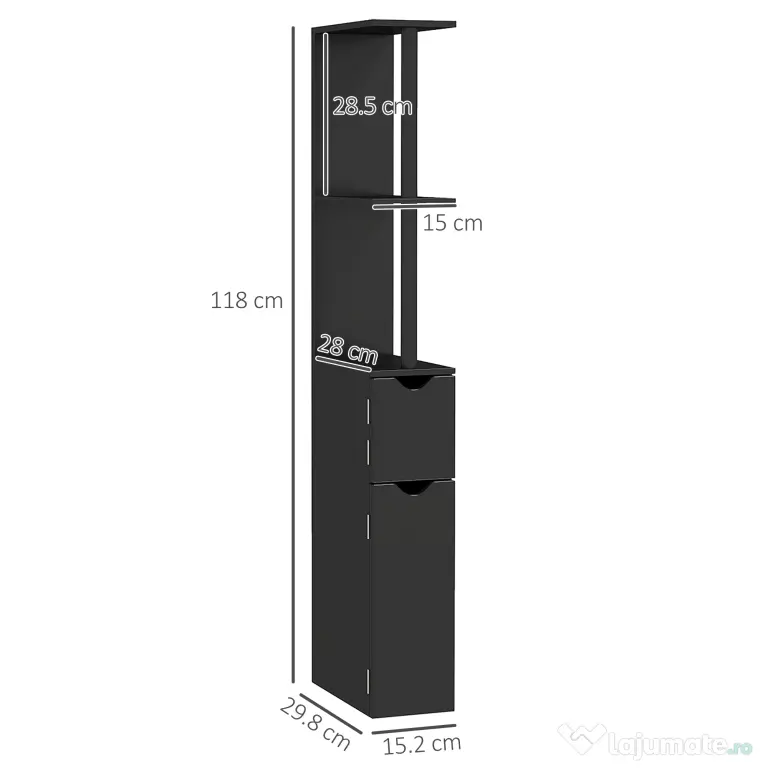Kleankin Coloană de Baie cu 2 Rafturi și 2 Dulapuri, Mobilier Înalt de Baie Spațios din MDF, 15,2x29,8x118 cm, Negru | Aosom Romania