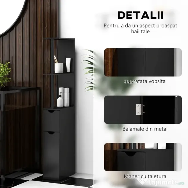 Kleankin Coloană de Baie cu 2 Rafturi și 2 Dulapuri, Mobilier Înalt de Baie Spațios din MDF, 15,2x29,8x118 cm, Negru | Aosom Romania