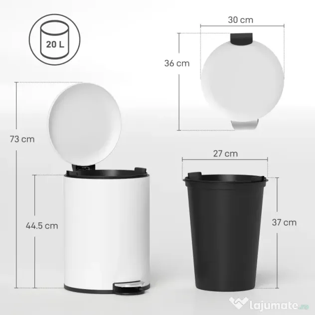 HOMCOM Coș de gunoi cu pedală 20L, capac cu închidere lentă, din metal și PP, 36x30x44.5 cm, crem