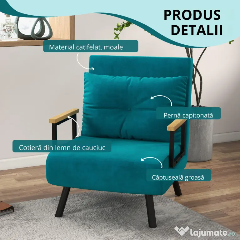 HOMCOM Canapea Extensibilă cu Spătar Reglabil pe 5 Nivele, Canapea Pat Individuală Pliabilă cu Perne, 63x73x81 cm, Albastru | Aosom Romania