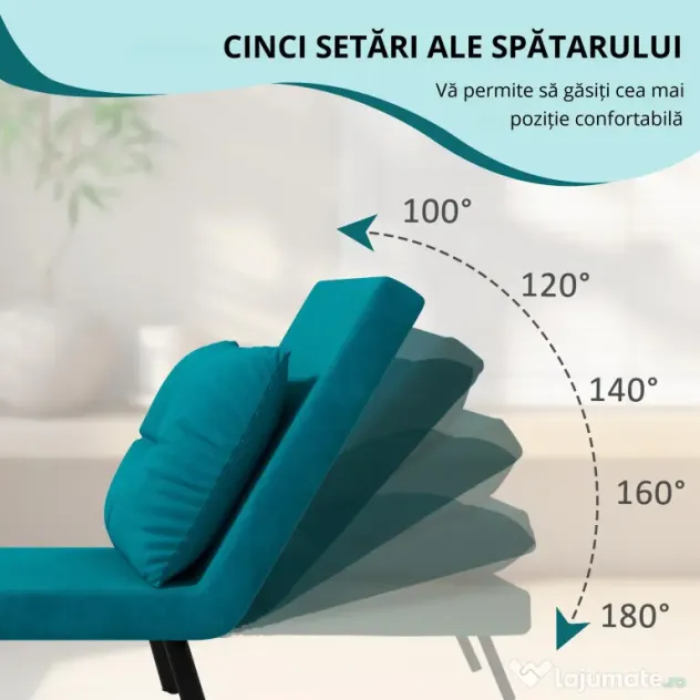 HOMCOM Canapea Extensibilă cu Spătar Reglabil pe 5 Nivele, Canapea Pat Individuală Pliabilă cu Perne, 63x73x81 cm, Albastru | Aosom Romania