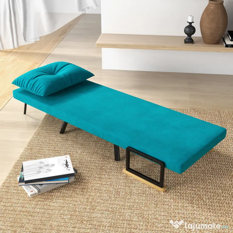 HOMCOM Canapea Extensibilă cu Spătar Reglabil pe 5 Nivele, Canapea Pat Individuală Pliabilă cu Perne, 63x73x81 cm, Albastru | Aosom Romania