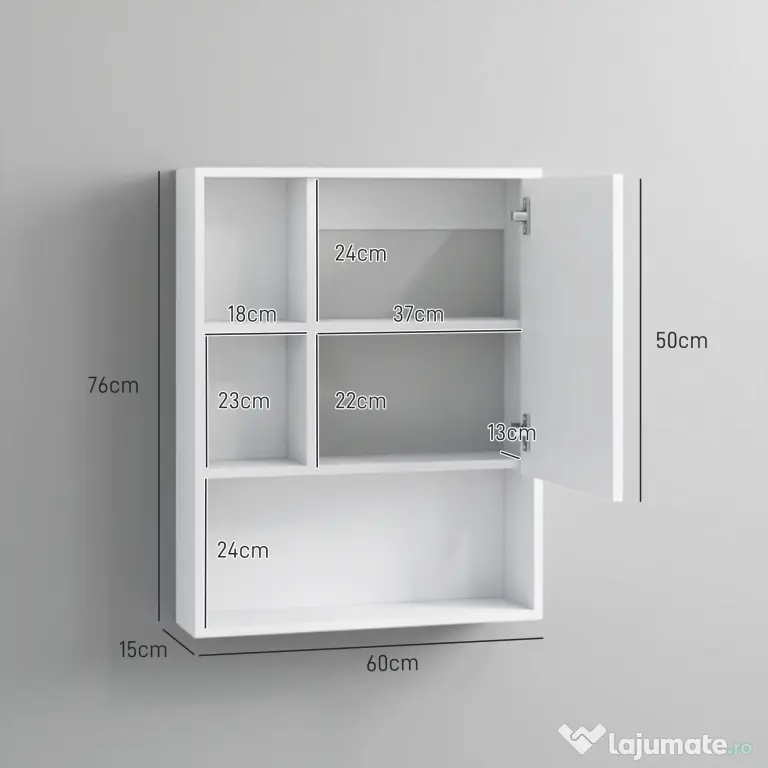 kleankin Dulap de Baie cu Oglindă și Rafturi Reglabile, Dulap Suspendat de Baie cu Ușă, 60x15x76 cm, Alb | Aosom Romania