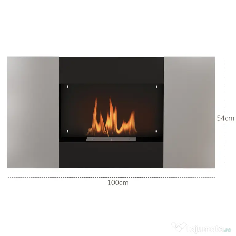HOMCOM Șemineu Bioetanol 0,9L de Perete din Oțel Inoxidabil, 100x15x54 cm, Negru și Argintiu