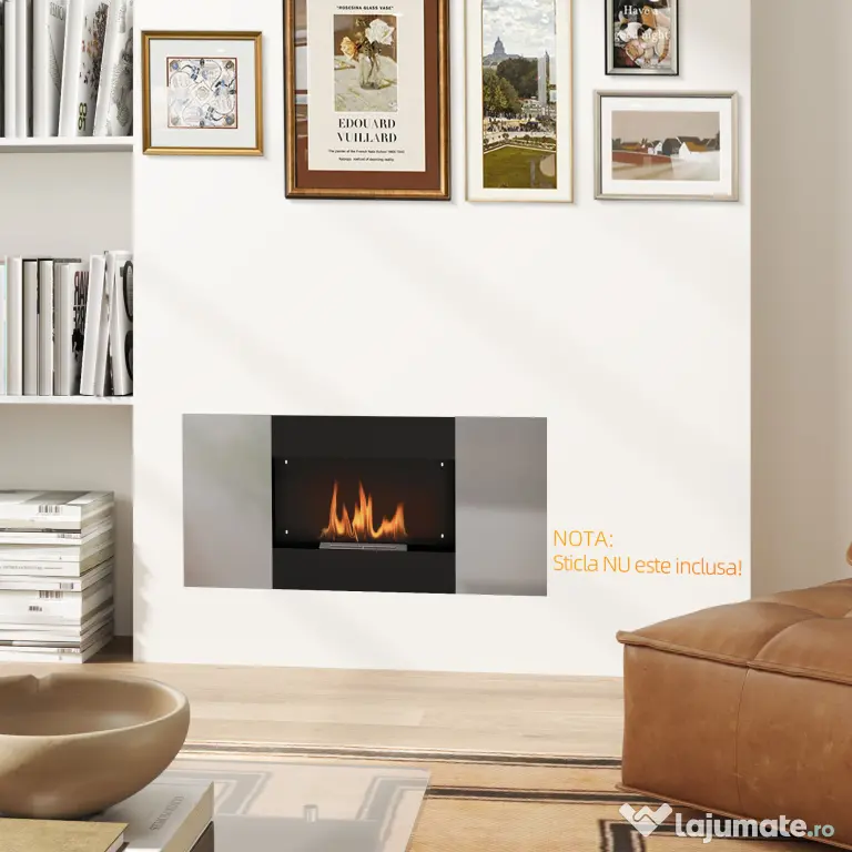HOMCOM Șemineu Bioetanol 0,9L de Perete din Oțel Inoxidabil, 100x15x54 cm, Negru și Argintiu