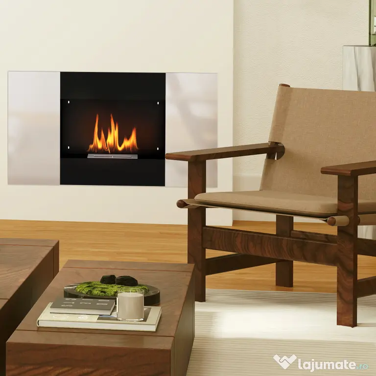 HOMCOM Șemineu Bioetanol 0,9L de Perete din Oțel Inoxidabil, 100x15x54 cm, Negru și Argintiu