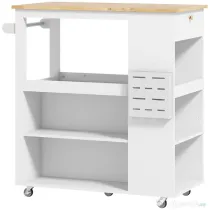 HOMCOM Cărucior Insulă de Bucătărie cu Rafturi Reglabile, Suport pentru Cuțite și Blat din Lemn, 86.5x47x88 cm, Alb