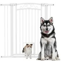 PawHut Ușă de Siguranță pentru Câini de Interior cu 2 Extensii și Ușiță pentru Pisici, 76-104x77 cm, Alb | Aosom Romania