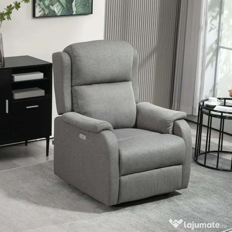 HOMCOM Fotoliu Electric cu Suport pentru Picioare și Priză USB, Fotoliu Rabatabil la 160°, 77x91x106 cm, Gri Deschis | Aosom Romania