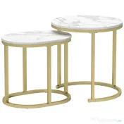 HOMCOM Set 2 Măsuțe de Cafea cu Blat cu Efect de Marmură din MDF și Oțel, Ø50x50.5 cm și 60x36x43.5 cm, Alb și Auriu | Aosom Romania 