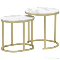 HOMCOM Set 2 Măsuțe de Cafea cu Blat cu Efect de Marmură din MDF și Oțel, Ø50x50.5 cm și 60x36x43.5 cm, Alb și Auriu | Aosom Romania