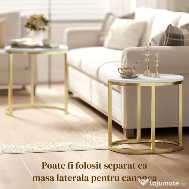 HOMCOM Set 2 Măsuțe de Cafea cu Blat cu Efect de Marmură din MDF și Oțel, Ø50x50.5 cm și 60x36x43.5 cm, Alb și Auriu | Aosom Romania