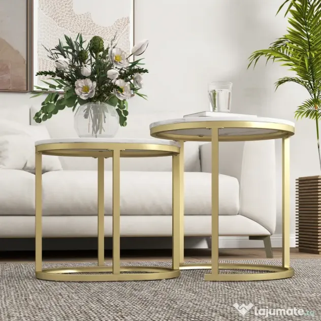 HOMCOM Set 2 Măsuțe de Cafea cu Blat cu Efect de Marmură din MDF și Oțel, Ø50x50.5 cm și 60x36x43.5 cm, Alb și Auriu | Aosom Romania