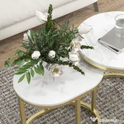 HOMCOM Set 2 Măsuțe de Cafea cu Blat cu Efect de Marmură din MDF și Oțel, Ø50x50.5 cm și 60x36x43.5 cm, Alb și Auriu | Aosom Romania 