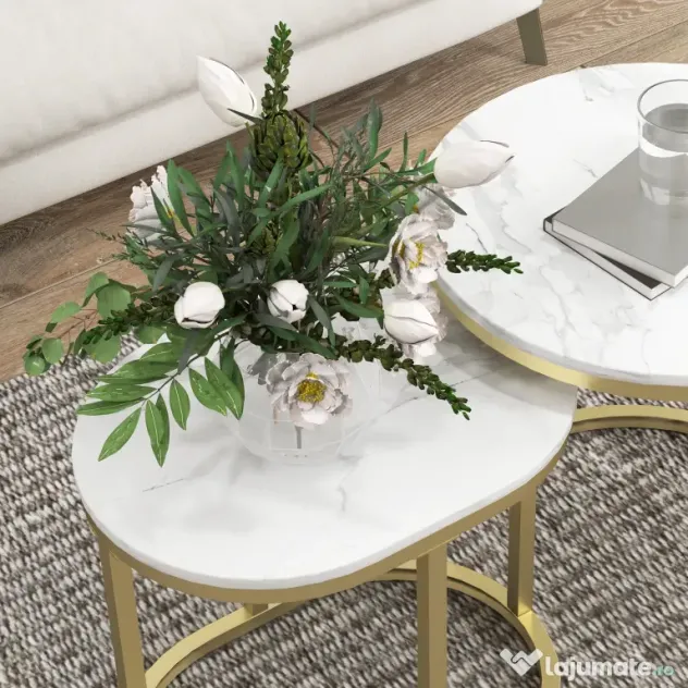 HOMCOM Set 2 Măsuțe de Cafea cu Blat cu Efect de Marmură din MDF și Oțel, Ø50x50.5 cm și 60x36x43.5 cm, Alb și Auriu | Aosom Romania