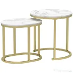 HOMCOM Set de 2 mese de cafea cu blat cu efect de marmură, din lemn și oțel, Ø50x50,5 cm și 60x36x43,5 cm, Alb
