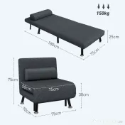 HOMCOM Fotoliu Pat 3 în 1 cu Spătar Reglabil pe 5 Nivele și Pernă, Canapea Pat Pliabilă, 75x70x75 cm, Gri Închis | Aosom Romania 