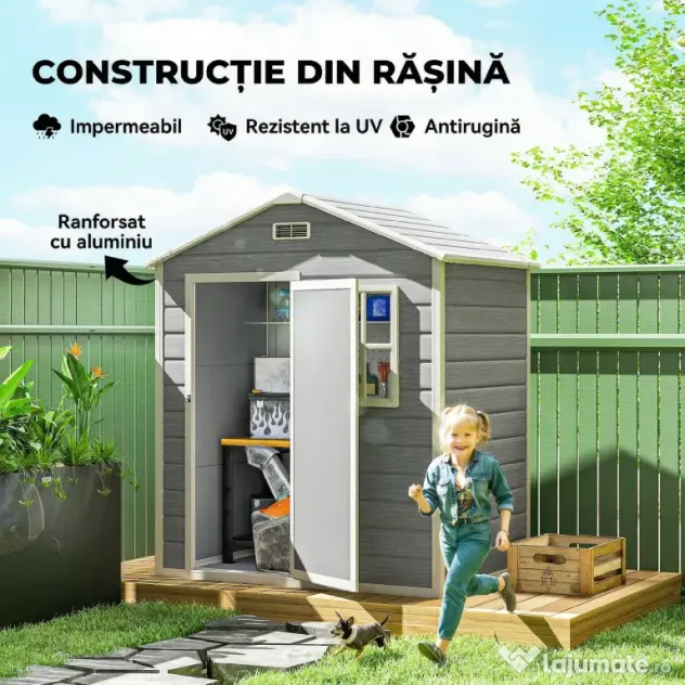 Outsunny Magazie de Grădină, Magazie din Plastic cu Podea, Fereastră, Ușă cu Blocare și Grile de Ventilație, Gri | Aosom Romania