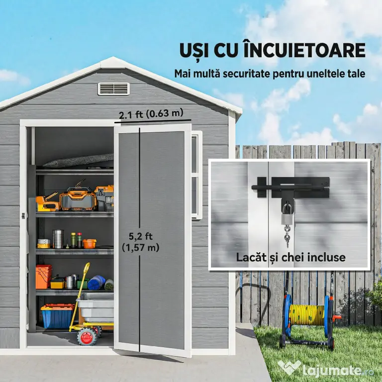 Outsunny Magazie de Grădină, Magazie din Plastic cu Podea, Fereastră, Ușă cu Blocare și Grile de Ventilație, Gri | Aosom Romania