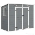 Outsunny Căsuță de Grădină din Rășină cu Podea, 2 Uși Blocabile, Fereastră, 2,4 x 1,3 m, Gri