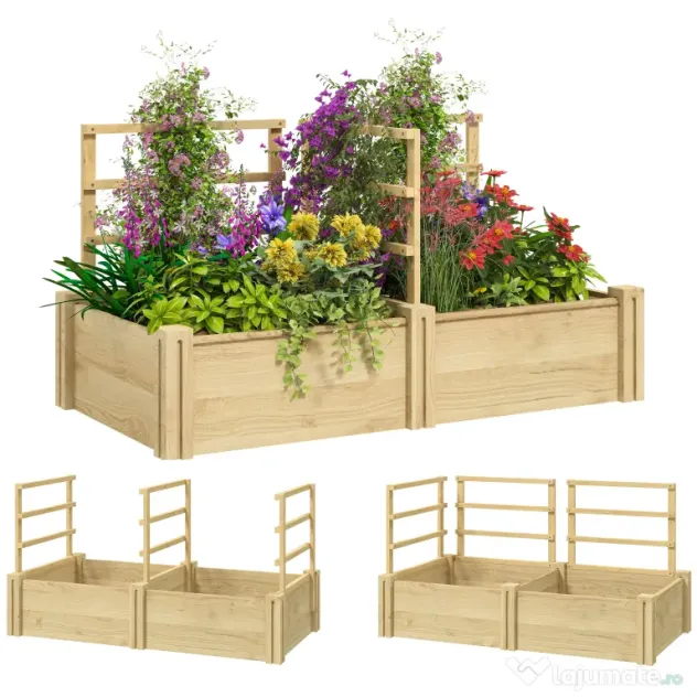 Outsunny Jardinieră Înălțată din Lemn cu 3 Suporturi pentru Plante, 119x62,5x64 cm, Natural
