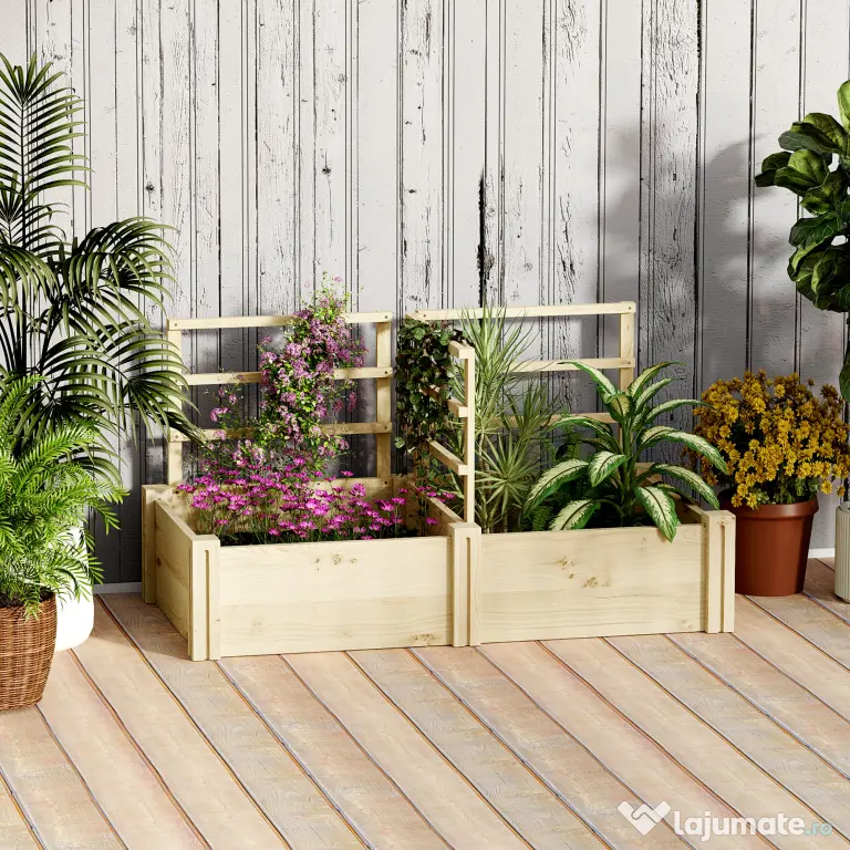 Outsunny Jardinieră Înălțată din Lemn cu 3 Suporturi pentru Plante, 119x62,5x64 cm, Natural