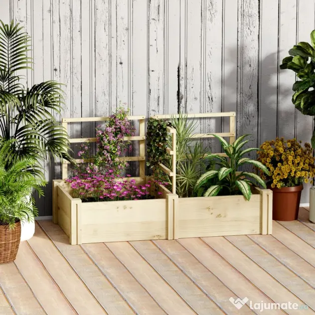 Outsunny Jardinieră Înălțată din Lemn cu 3 Suporturi pentru Plante, 119x62,5x64 cm, Natural