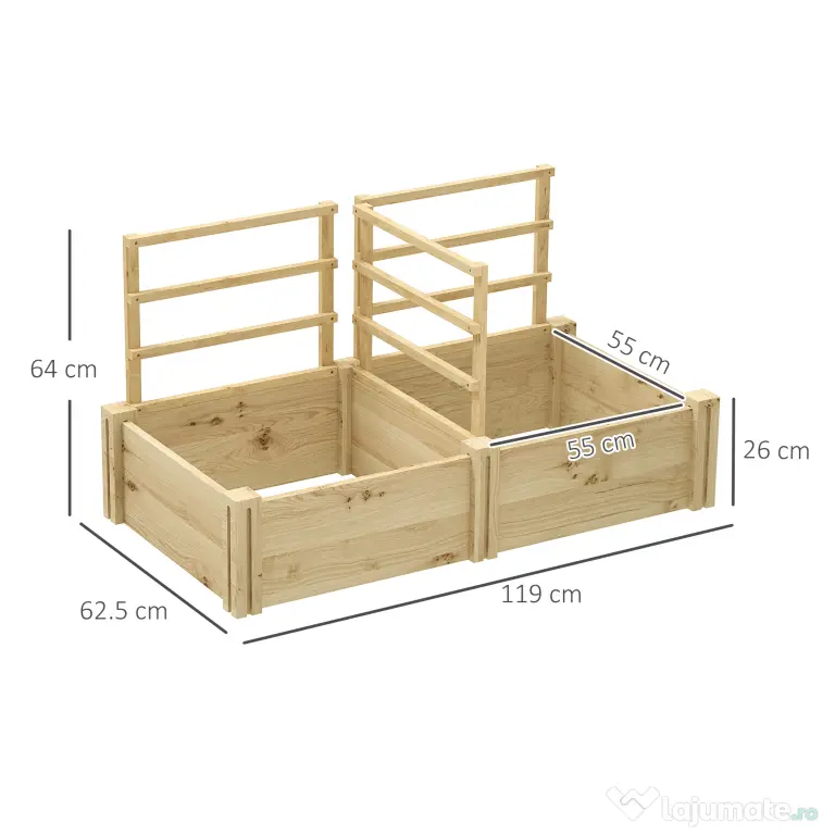 Outsunny Jardinieră Înălțată din Lemn cu 3 Suporturi pentru Plante, 119x62,5x64 cm, Natural