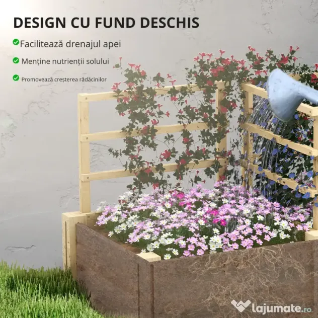 Outsunny Jardinieră Înălțată din Lemn cu 3 Suporturi pentru Plante, 119x62,5x64 cm, Natural