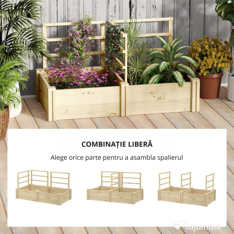 Outsunny Jardinieră Înălțată din Lemn cu 3 Suporturi pentru Plante, 119x62,5x64 cm, Natural