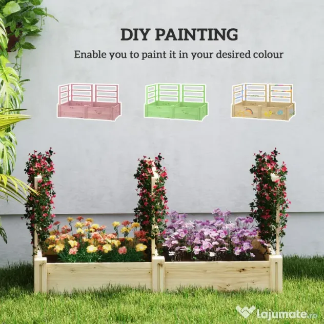Outsunny Jardinieră Înălțată din Lemn cu 3 Suporturi pentru Plante, 119x62,5x64 cm, Natural