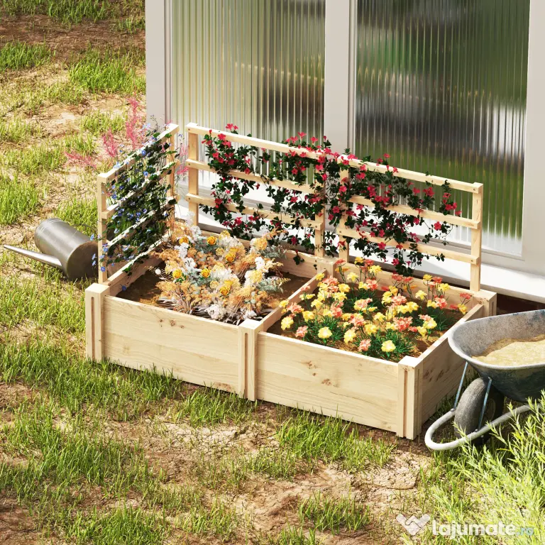 Outsunny Jardinieră Înălțată din Lemn cu 3 Suporturi pentru Plante, 119x62,5x64 cm, Natural