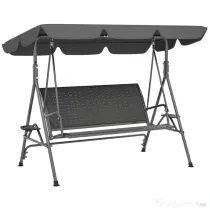 Outsunny Leagăn de Grădină 3 Locuri din Ratan PE cu Acoperiș Reglabil și Suporturi pentru Pahare, Leagăn de Exterior cu Cadru din Oțel, Capacitate 320 kg, 204x112x150 cm, Gri | Aosom Romania