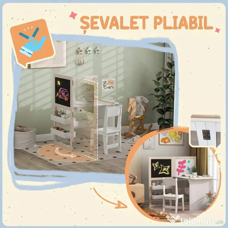 AIYAPLAY Set Masă și Scaun pentru Copii 3-8 Ani cu Tablă Neagră, Tablă Albă, Containere și Rulou de Hârtie, Alb | Aosom Romania