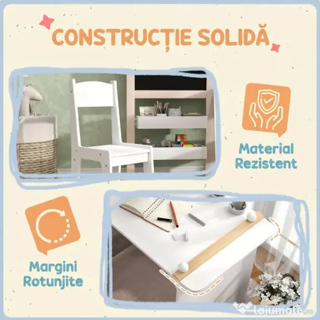 AIYAPLAY Set Masă și Scaun pentru Copii 3-8 Ani cu Tablă Neagră, Tablă Albă, Containere și Rulou de Hârtie, Alb | Aosom Romania