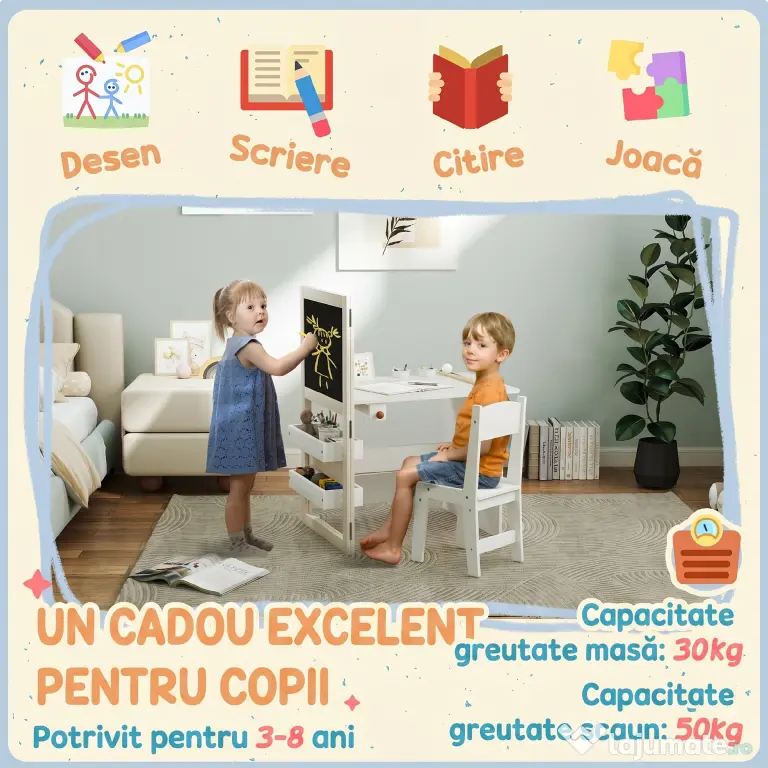 AIYAPLAY Set Masă și Scaun pentru Copii 3-8 Ani cu Tablă Neagră, Tablă Albă, Containere și Rulou de Hârtie, Alb | Aosom Romania