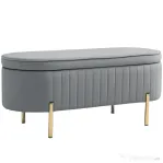 HOMCOM Bancă de Depozitare Ovală 72L cu Capac Rabatabil, din Catifea și Lemn, 108x44x43.5 cm, Gri