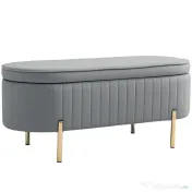 HOMCOM Bancă de Depozitare pentru Intrare Ovală 72L cu Design Scanalat, Capac Ridicabil și Șezut Capitonat, Bancă de la Capătul Patului Pouf în Catifea și Picioare de Lemn de Pin, 108x44x43.5 cm, Gri | Aosom Romania 