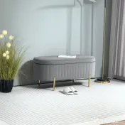 HOMCOM Bancă de Depozitare pentru Intrare Ovală 72L cu Design Scanalat, Capac Ridicabil și Șezut Capitonat, Bancă de la Capătul Patului Pouf în Catifea și Picioare de Lemn de Pin, 108x44x43.5 cm, Gri | Aosom Romania 