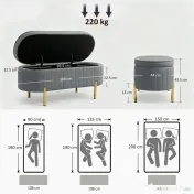 HOMCOM Bancă de Depozitare pentru Intrare Ovală 72L cu Design Scanalat, Capac Ridicabil și Șezut Capitonat, Bancă de la Capătul Patului Pouf în Catifea și Picioare de Lemn de Pin, 108x44x43.5 cm, Gri | Aosom Romania 