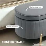HOMCOM Bancă de Depozitare pentru Intrare Ovală 72L cu Design Scanalat, Capac Ridicabil și Șezut Capitonat, Bancă de la Capătul Patului Pouf în Catifea și Picioare de Lemn de Pin, 108x44x43.5 cm, Gri | Aosom Romania 