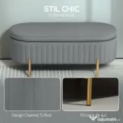 HOMCOM Bancă de Depozitare pentru Intrare Ovală 72L cu Design Scanalat, Capac Ridicabil și Șezut Capitonat, Bancă de la Capătul Patului Pouf în Catifea și Picioare de Lemn de Pin, 108x44x43.5 cm, Gri | Aosom Romania 