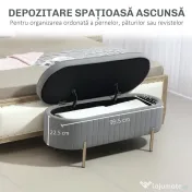 HOMCOM Bancă de Depozitare pentru Intrare Ovală 72L cu Design Scanalat, Capac Ridicabil și Șezut Capitonat, Bancă de la Capătul Patului Pouf în Catifea și Picioare de Lemn de Pin, 108x44x43.5 cm, Gri | Aosom Romania 