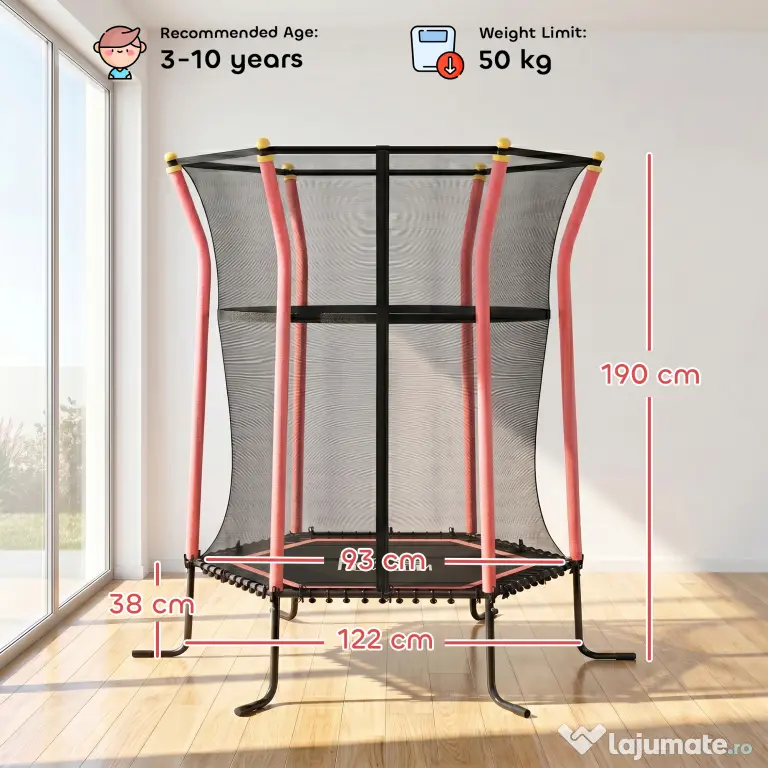 HOMCOM Trampolin pentru Copii cu Intrare cu Fermoar și Stâlpi Captușiți, 122 x 111 x 190 cm, Roșu